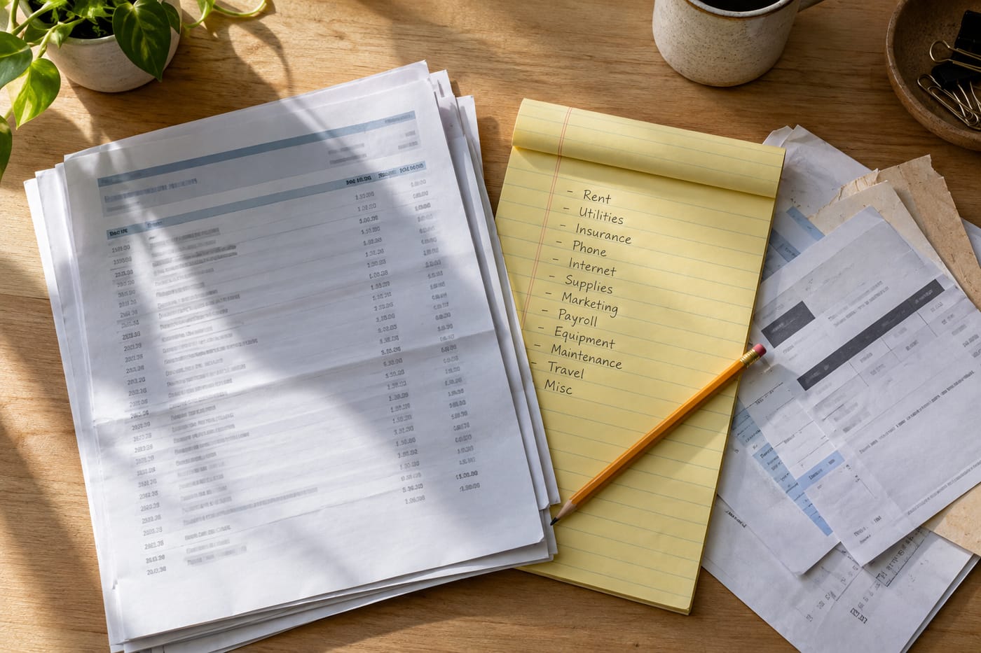 Flat-lay of bank statements, a handwritten expense list, and invoices arranged on a desk