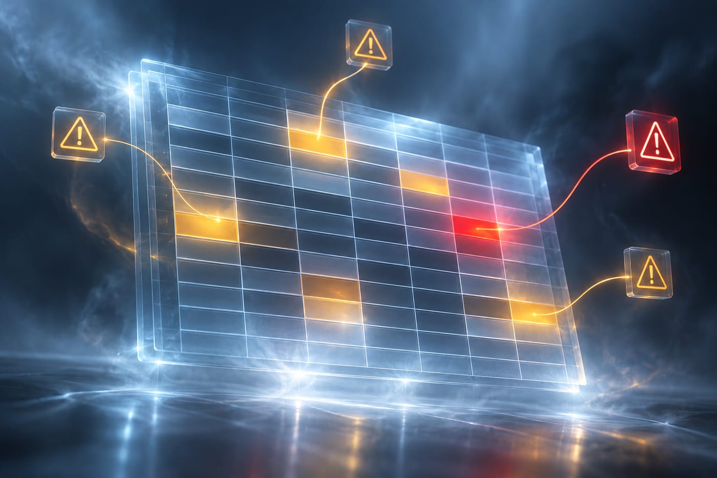 Abstract synthetic illustration of a glowing spreadsheet grid with amber and red warning highlights