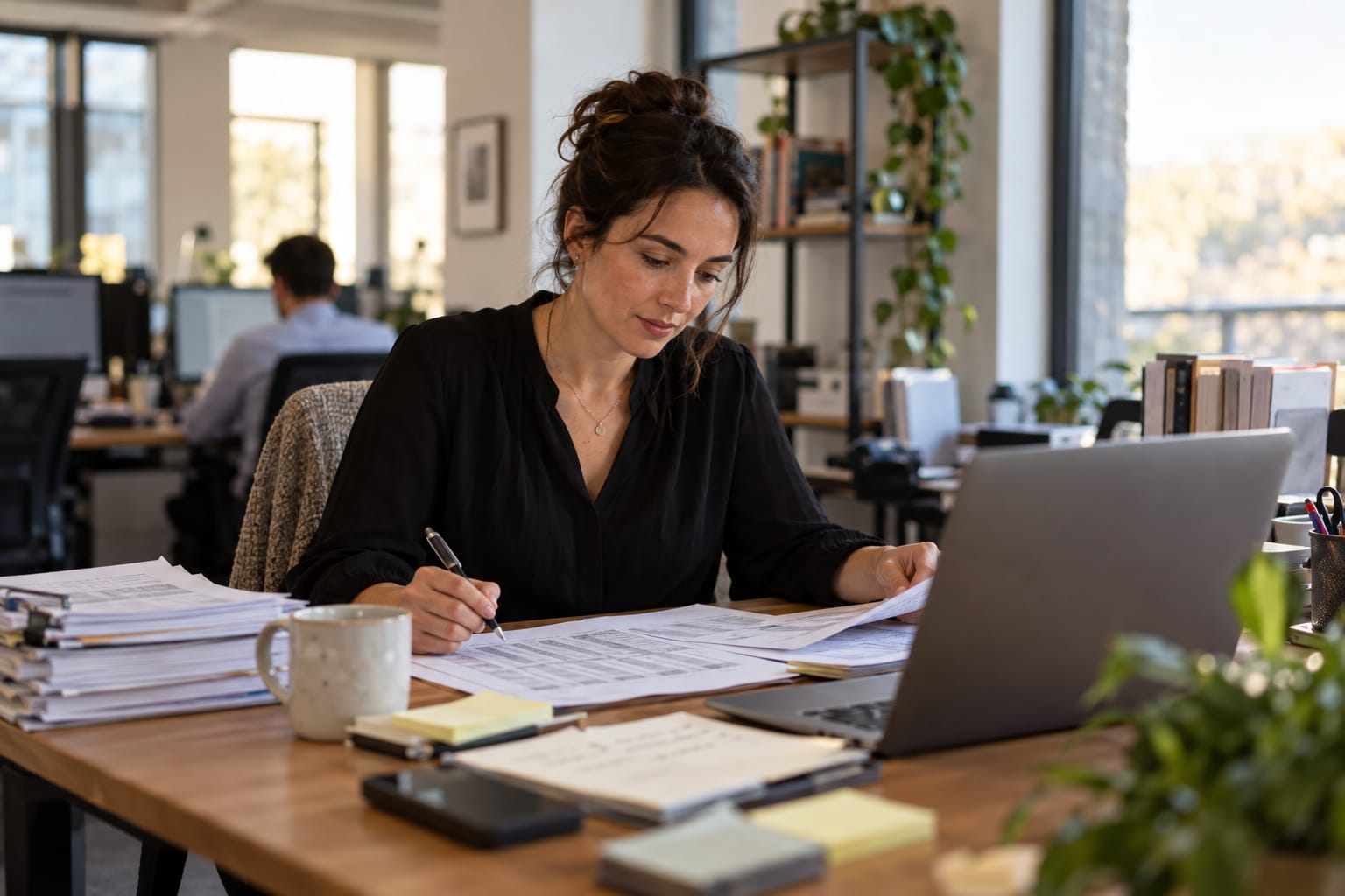 Operations manager reviewing a printed cash flow spreadsheet at her office desk with a laptop open nearby