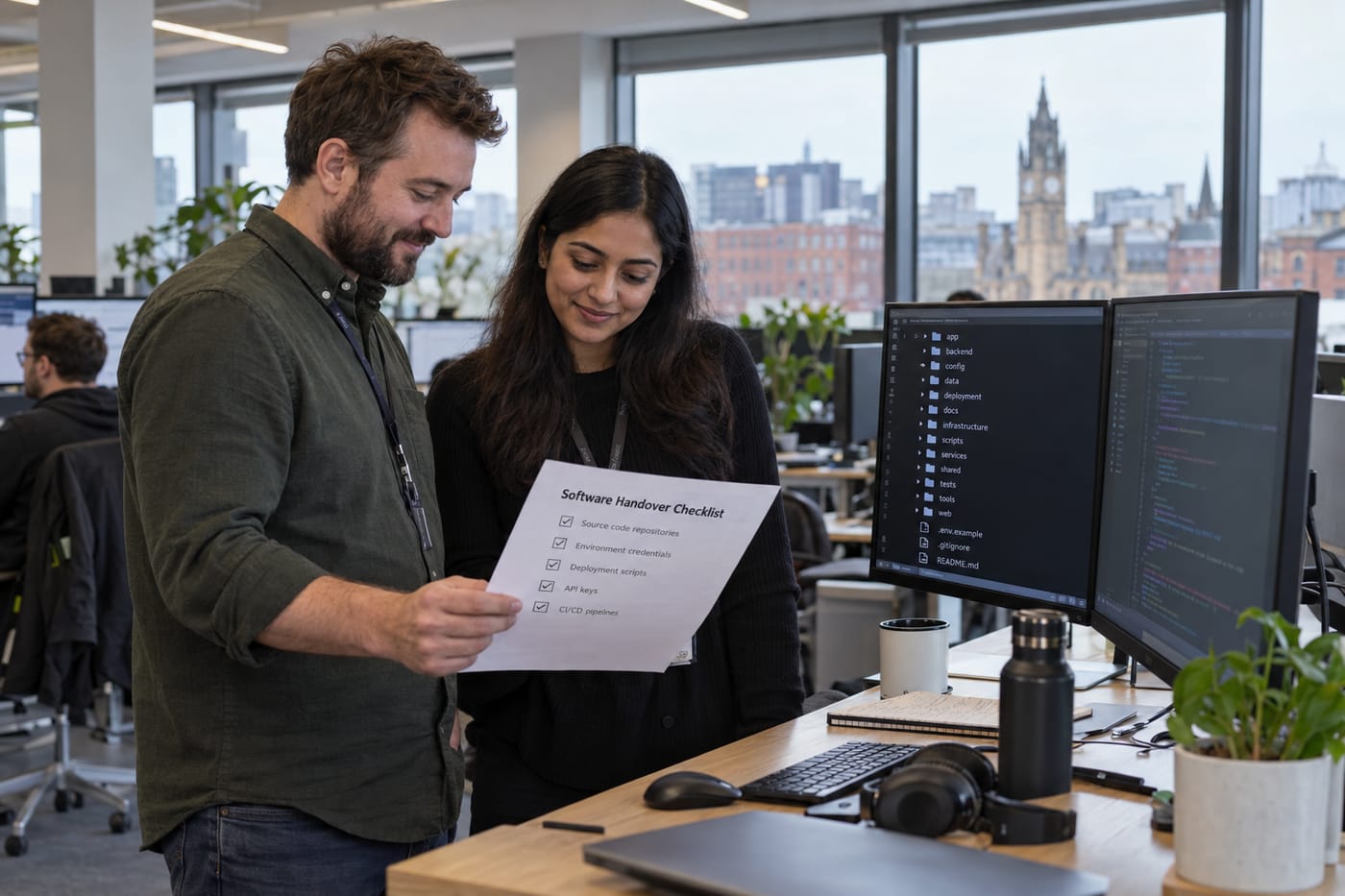 Engineer and IT manager reviewing a software handover inventory checklist in a Manchester tech office.