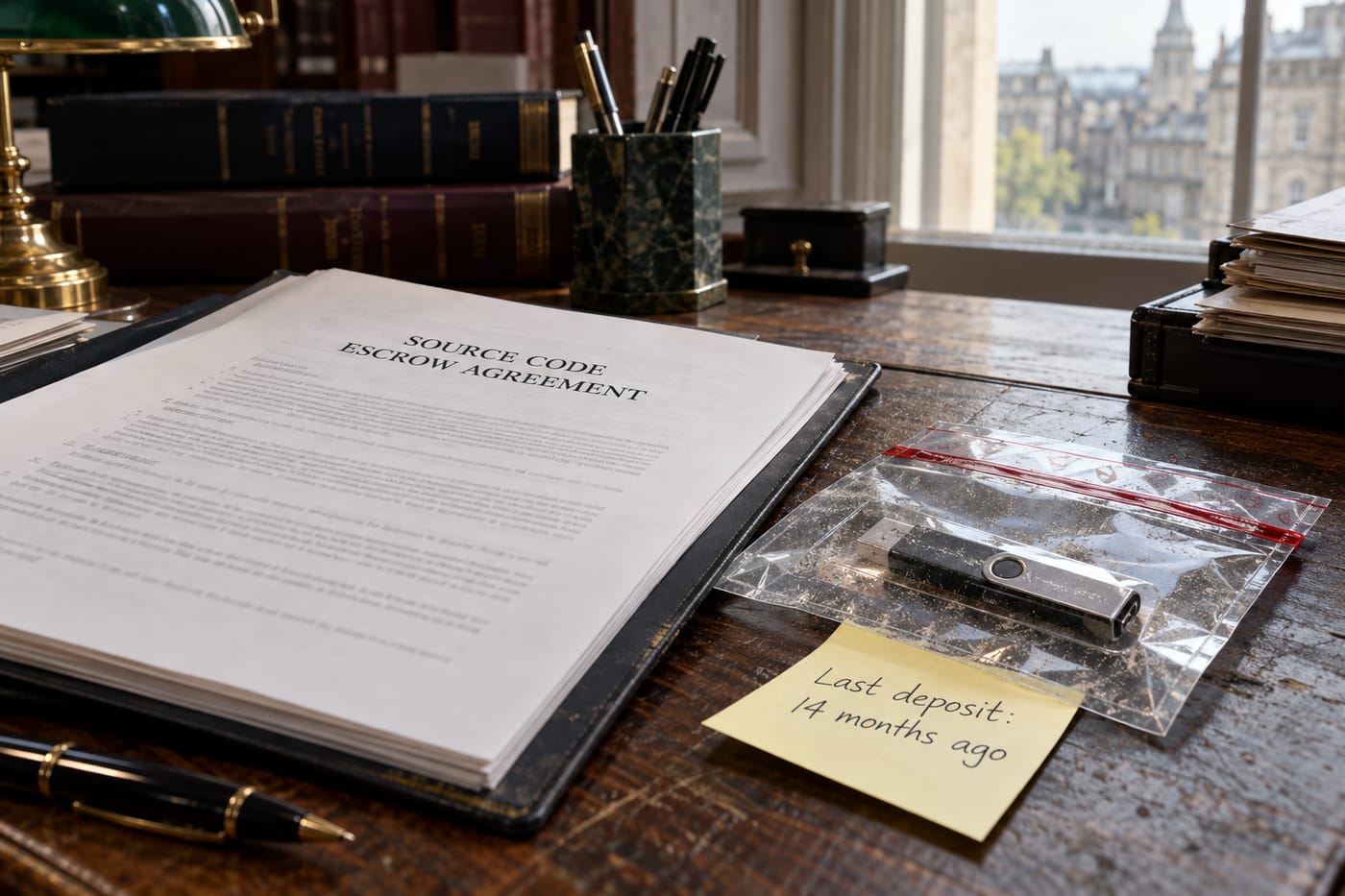 Source-code escrow agreement on a solicitor's desk beside a sealed USB drive with a note showing an outdated deposit date.