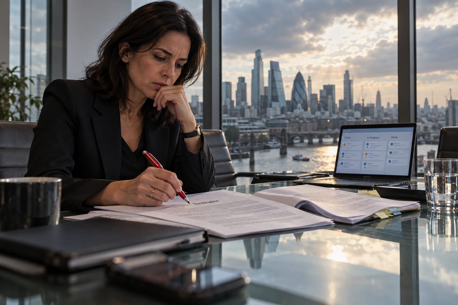 CIO reviewing a software development contract's termination clause in a London boardroom overlooking the Thames.