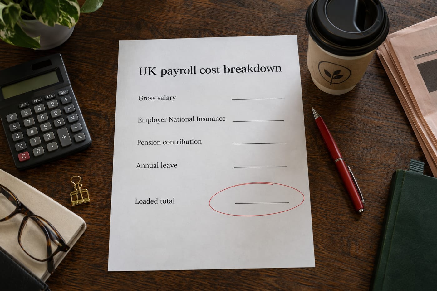 Overhead shot of a UK employer cost breakdown sheet with NI, pension and leave line items circled in red pen