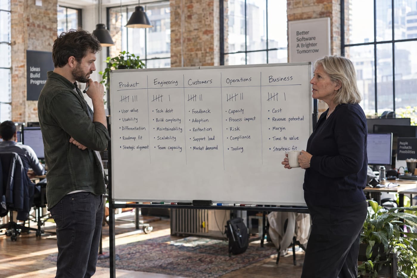 COO and engineering manager scoring a five-axis decision framework on a whiteboard in a London tech office