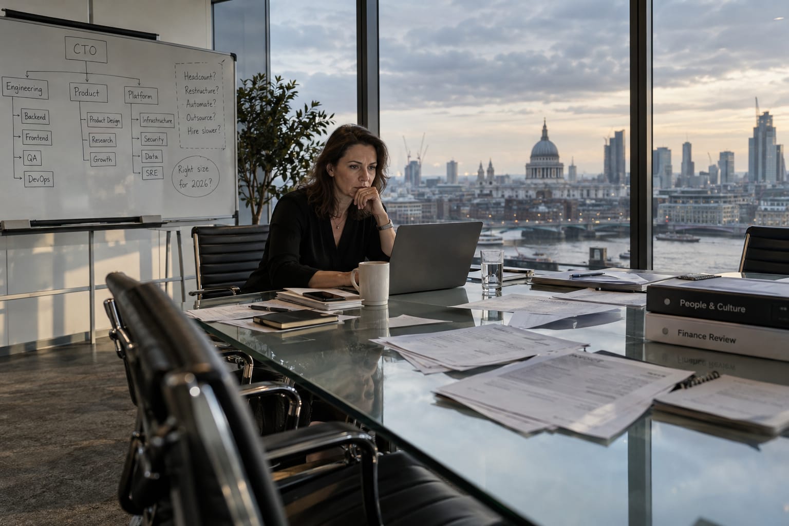 UK CTO alone at boardroom table reviewing engineering hire costs against outsource invoices, London skyline behind her