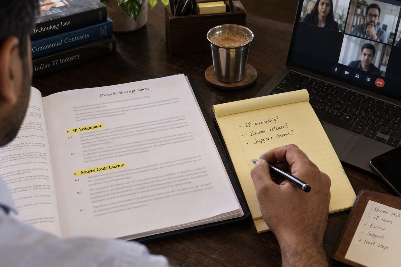 Highlighted IP-assignment and escrow clauses in a printed MSA contract beside a handwritten question list on a desk.