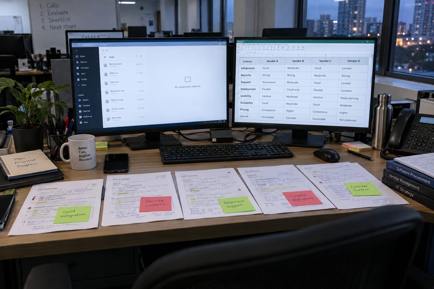 Five vendor reference call summaries spread across a desk beside a comparison spreadsheet on a monitor in an Indian office.