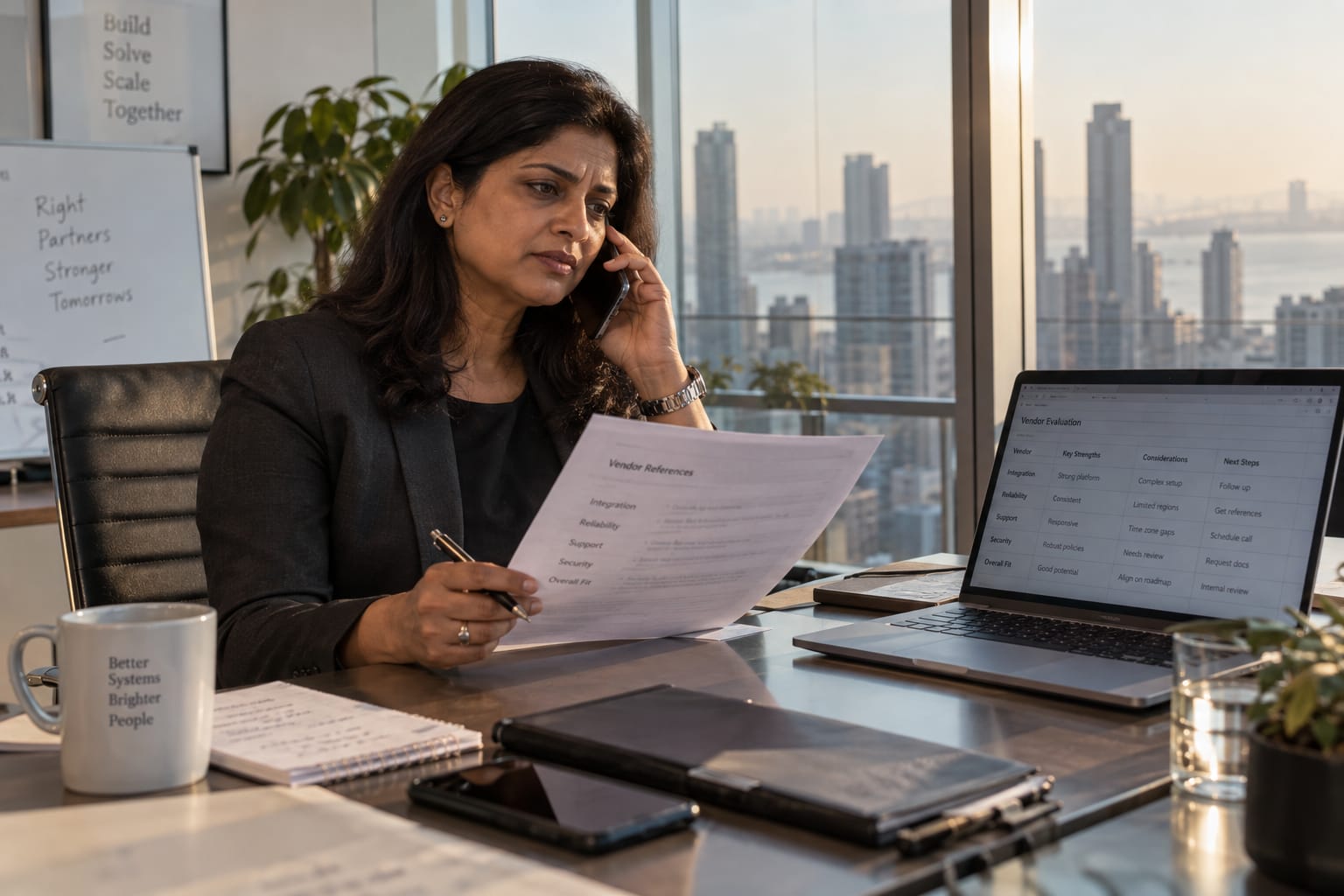 Indian VP-Engineering reviewing a vendor reference list during a phone call in a Mumbai office conference room.