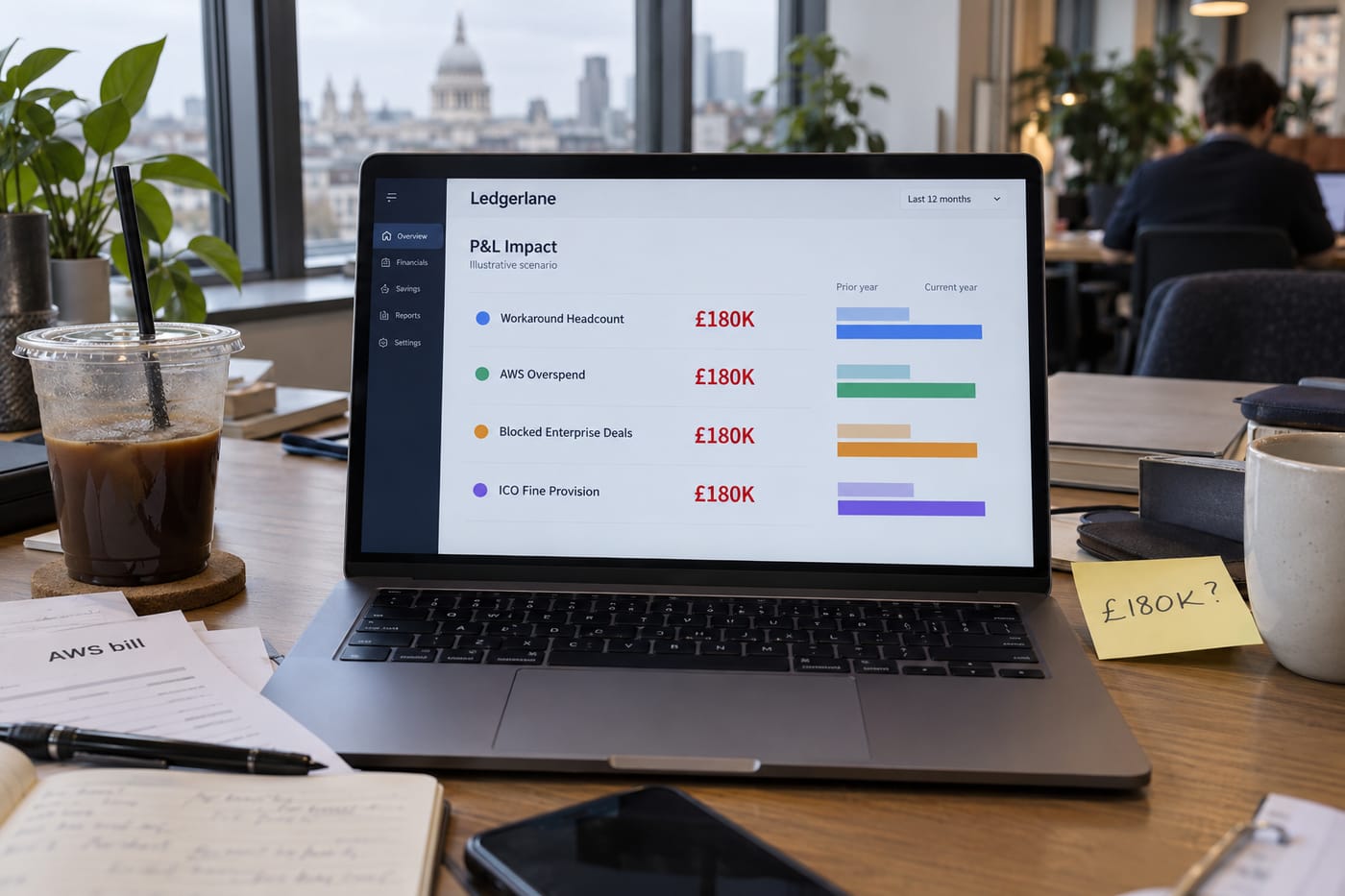 Laptop dashboard showing four legacy cost lines in pounds sterling that a CFO would recognise on a P&L