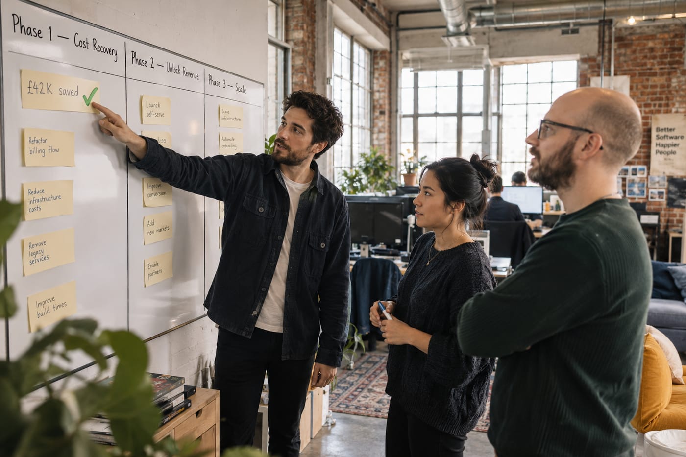 Engineering team reviewing a phased modernisation Kanban board in a London office, with Phase 1 marked complete