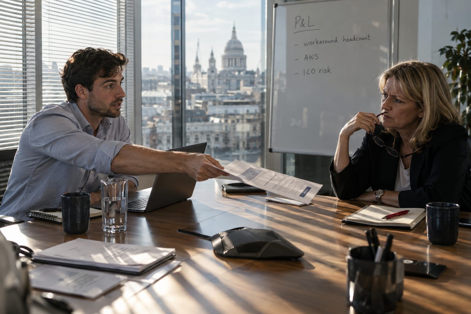 Founder presenting a modernisation business case to a sceptical CFO in a London office boardroom