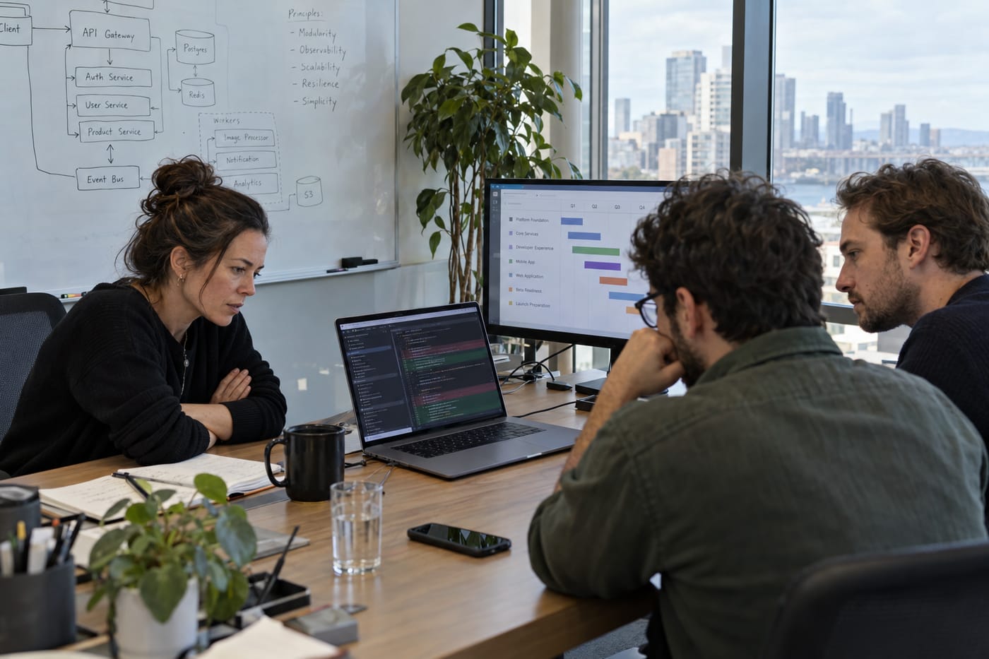Startup CTO in a candid working session with an external development studio team reviewing code and roadmap
