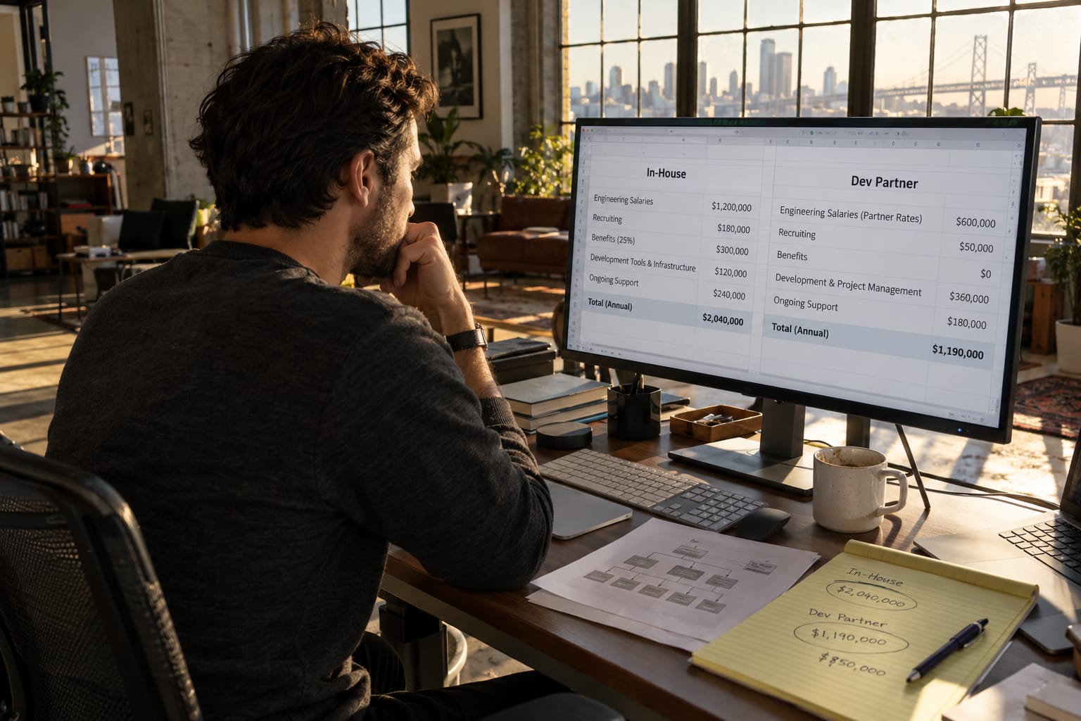 Startup founder comparing in-house vs. development partner costs on a spreadsheet at a loft office desk