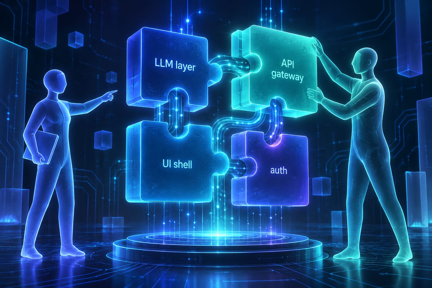 Synthetic illustration of an AI-first product studio assembling a modular MVP blueprint with labeled AI and API components.