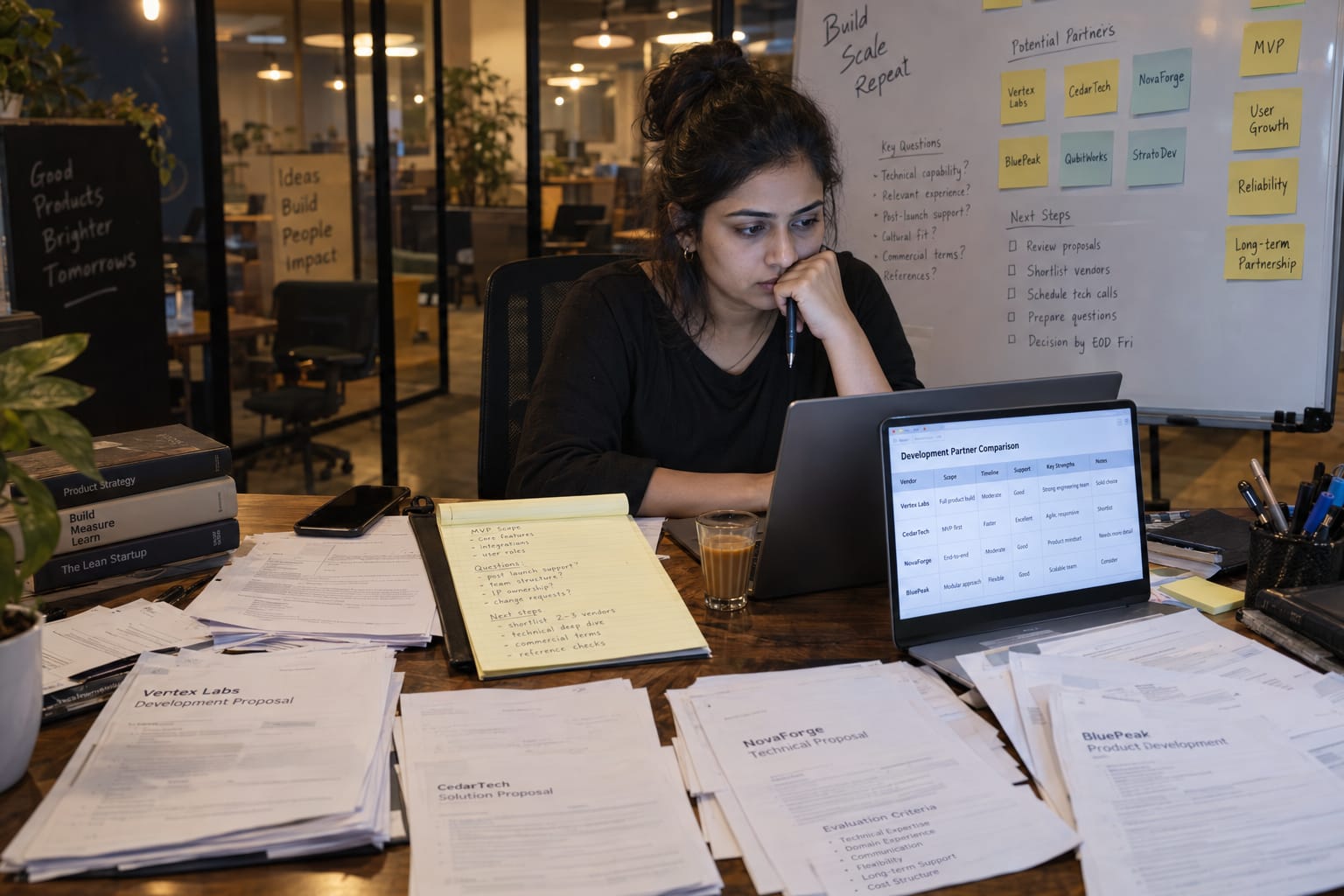 A founder at a Bengaluru co-working space reviews vendor proposals late at night, laptop open to a comparison spreadsheet.