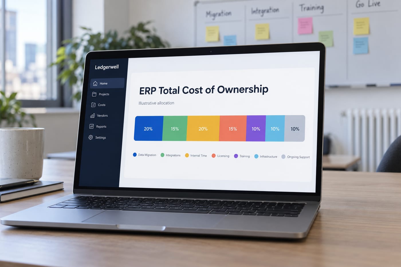 Laptop screen showing an ERP cost-breakdown dashboard with seven colour-coded cost driver segments