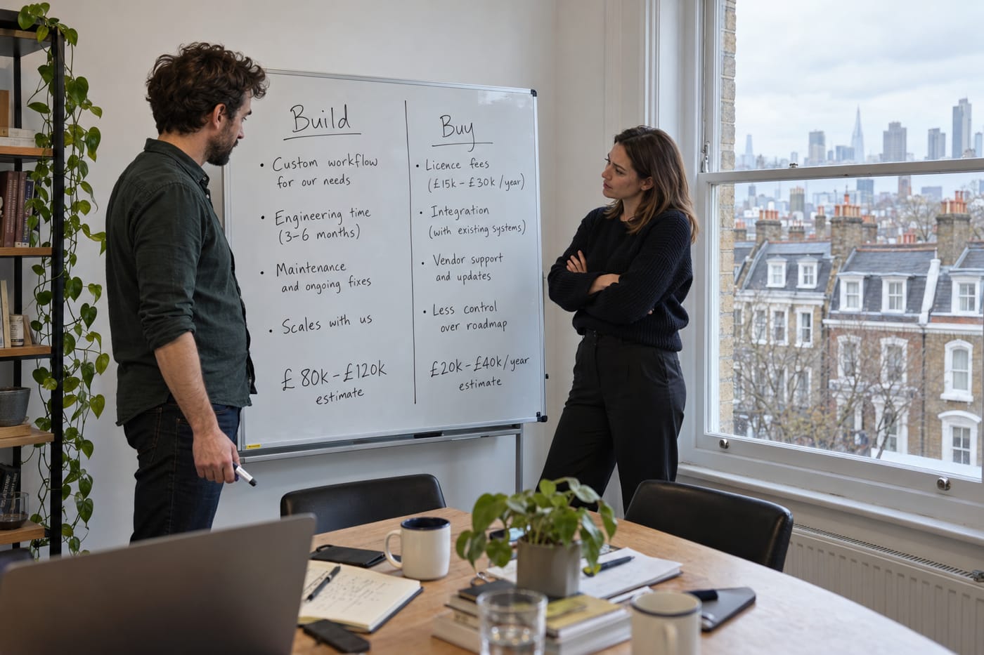 Two colleagues debate build vs buy options on a whiteboard split into two columns in a London office