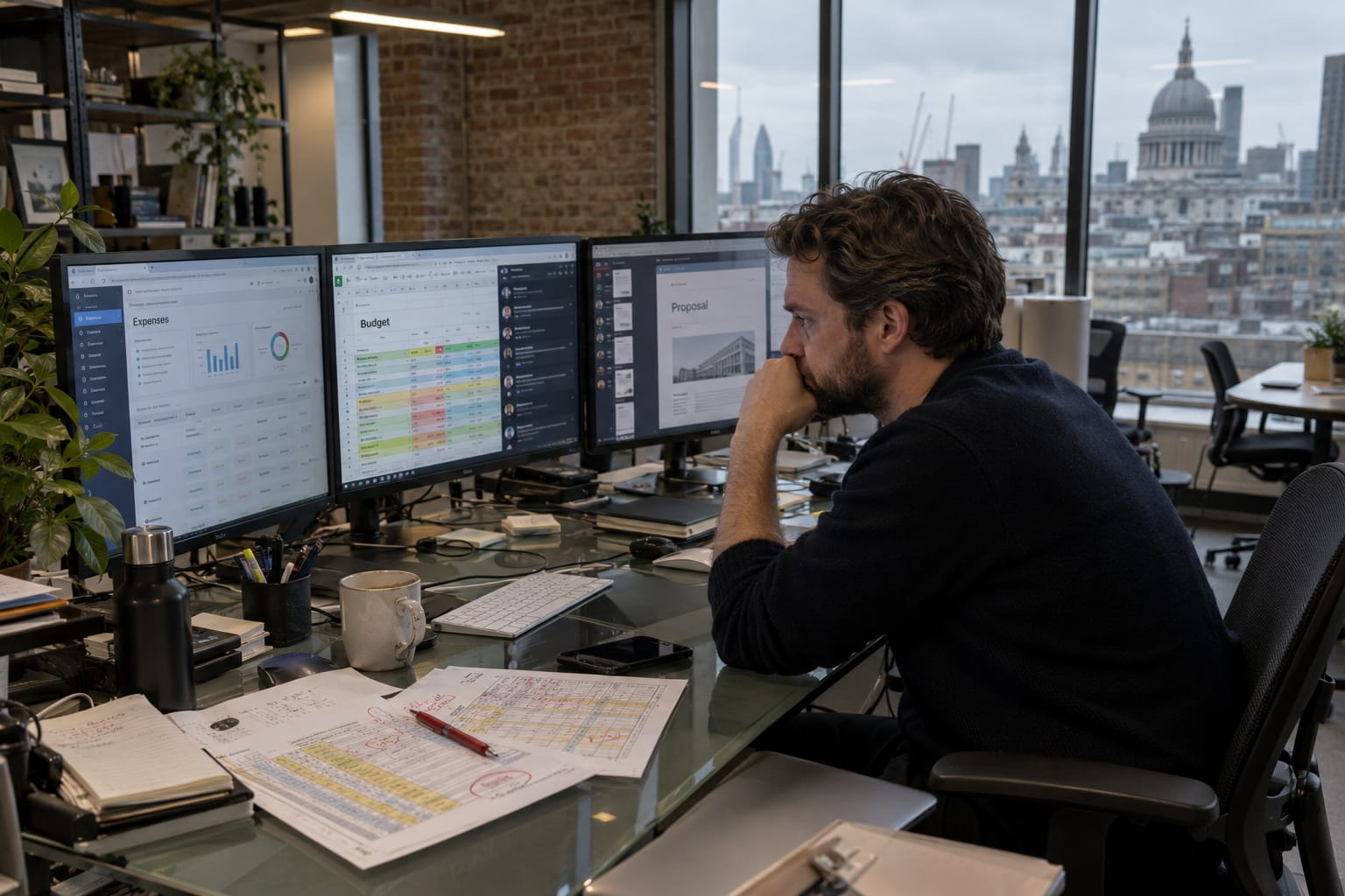 UK founder at a London desk surrounded by disconnected SaaS tabs and a red-marked budget spreadsheet