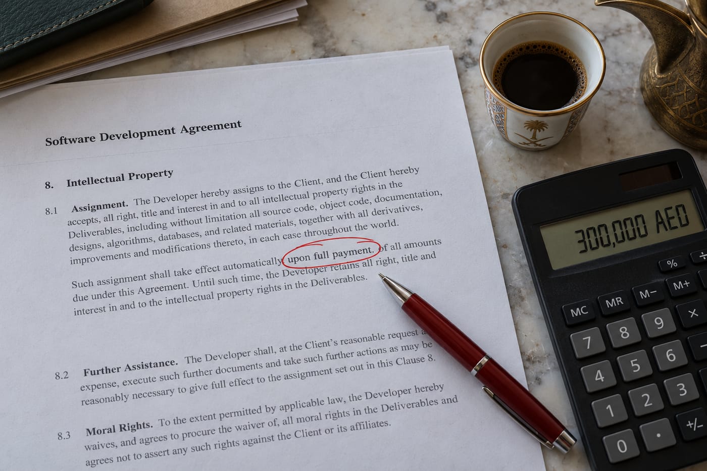 Close-up of an outsourcing contract with 'upon full payment' IP clause circled in red beside an AED calculator