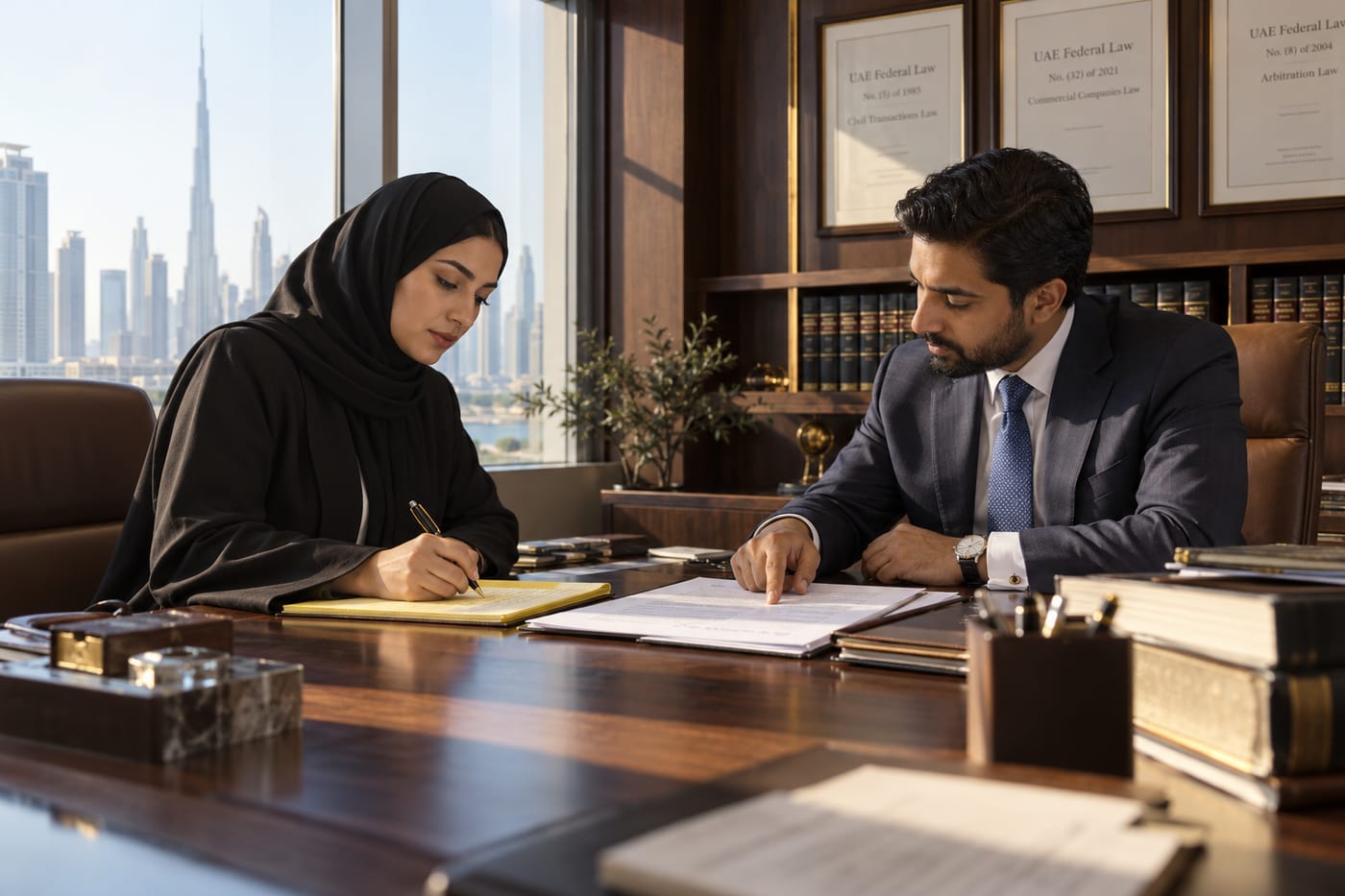 Emirati founder and UAE lawyer reviewing revised IP assignment wording in a Dubai legal office