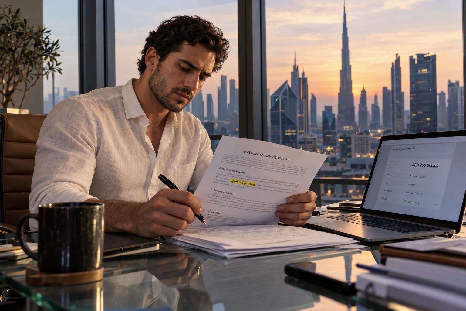 Dubai founder reading an IP clause in an outsourcing contract at a DIFC co-working space at dusk