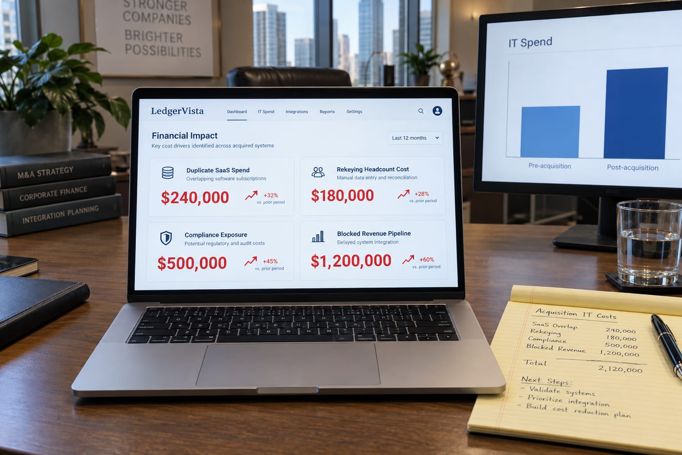 Laptop dashboard showing four CFO-facing cost KPIs from duplicate systems after a post-acquisition IT audit