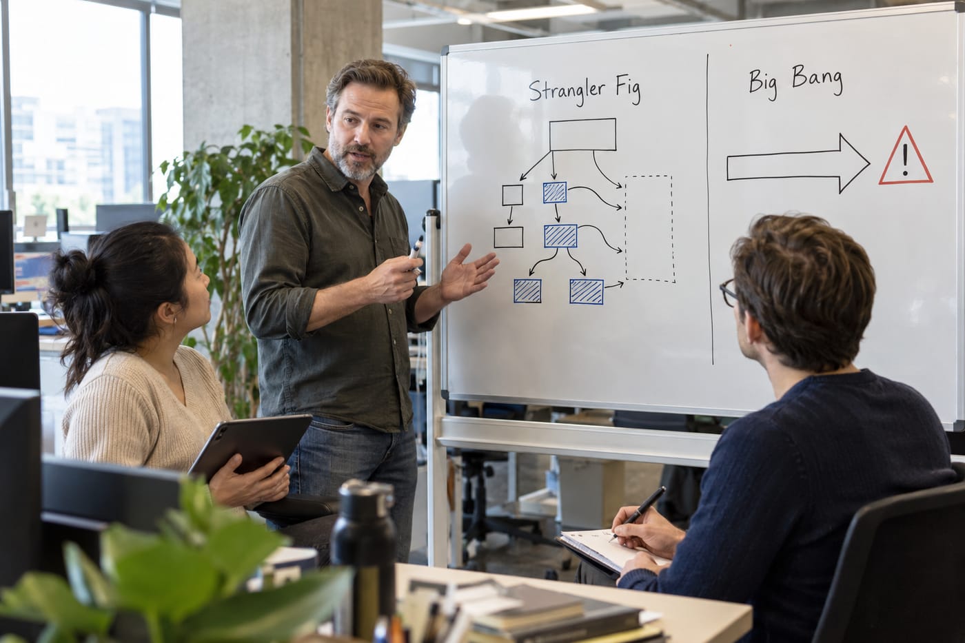 Software architect explaining strangler-fig versus big-bang integration sequencing on a whiteboard to colleagues