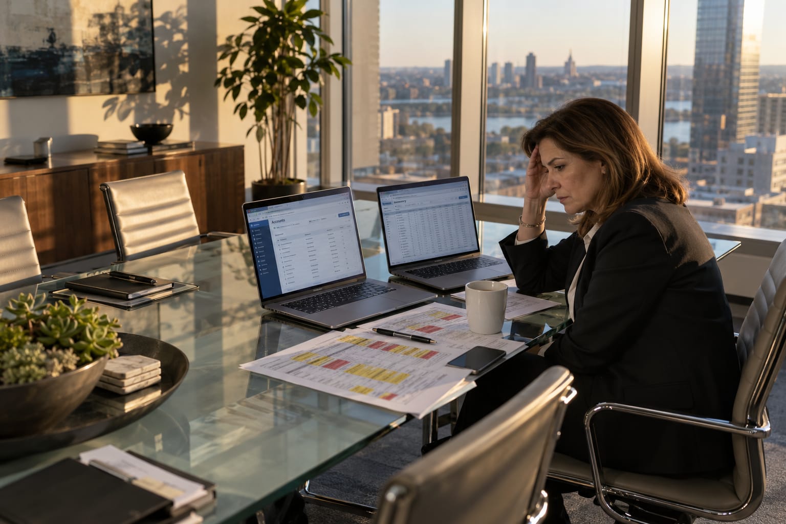 COO comparing mismatched CRM and ERP dashboards on two laptops alongside a highlighted cost spreadsheet after an acquisition