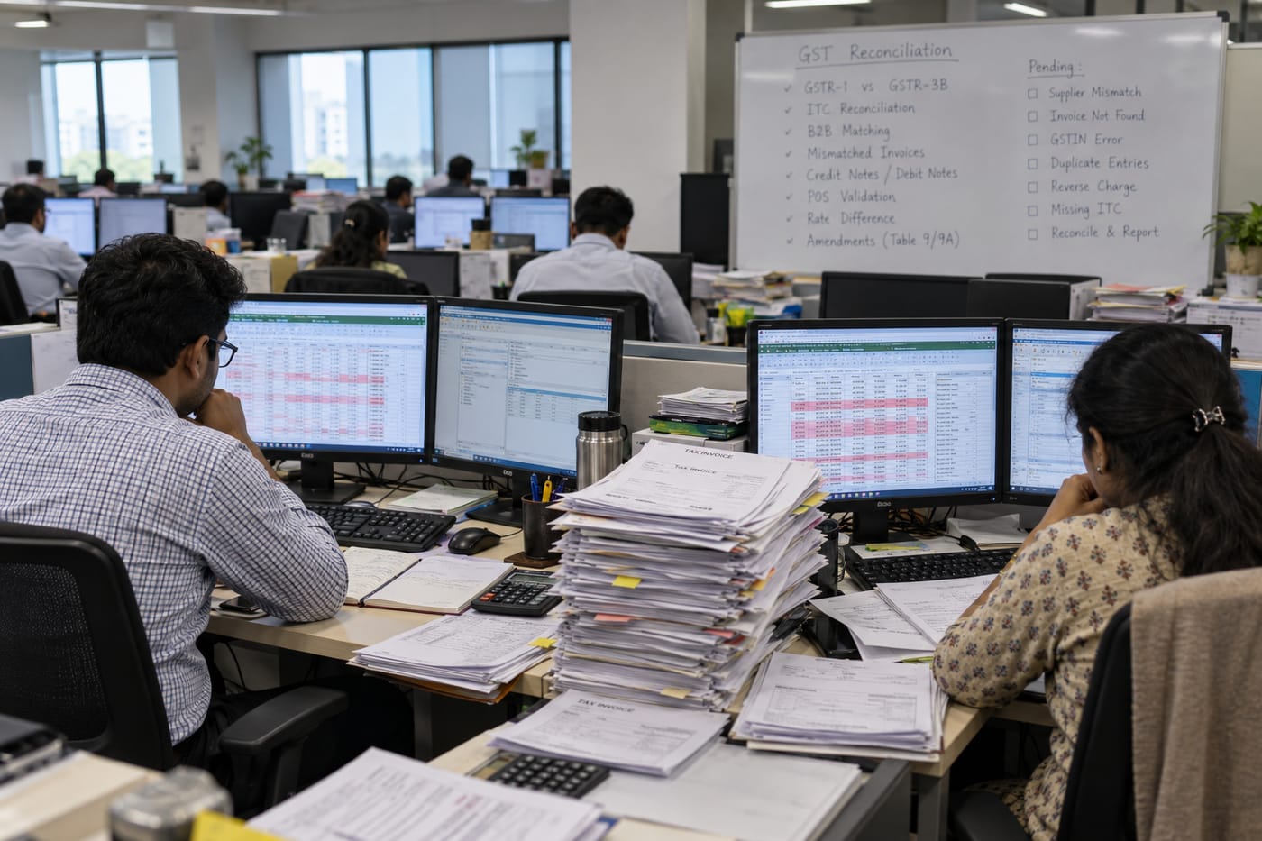 Two Indian finance clerks manually reconciling GST data between a legacy ERP and spreadsheets in a Pune office