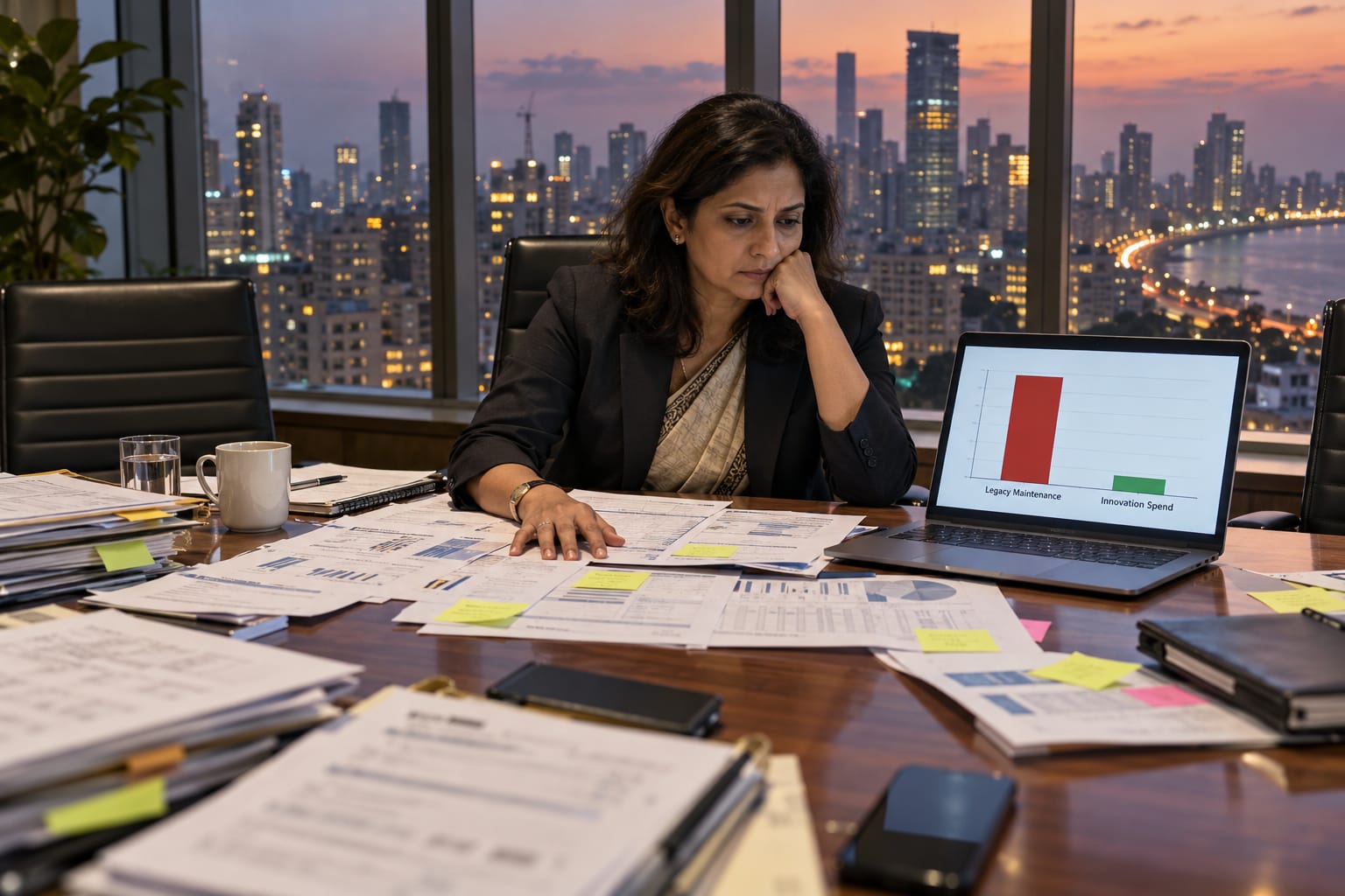 Indian CIO at a Mumbai boardroom table reviewing legacy IT cost reports, laptop showing maintenance vs innovation spend chart