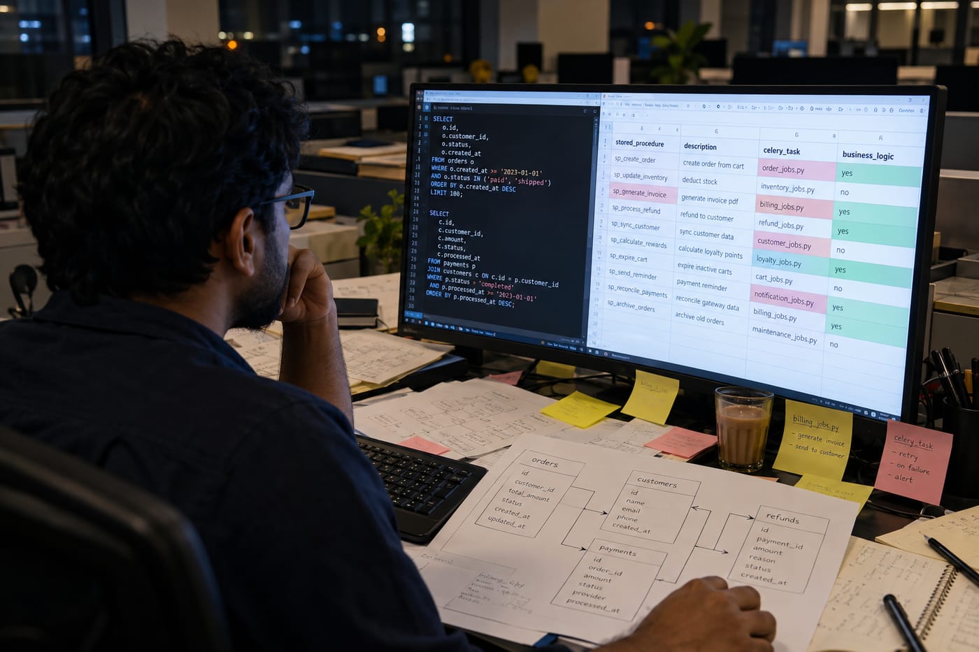Engineer auditing undocumented Django stored procedures and Celery jobs at night, with schema diagrams spread across the desk