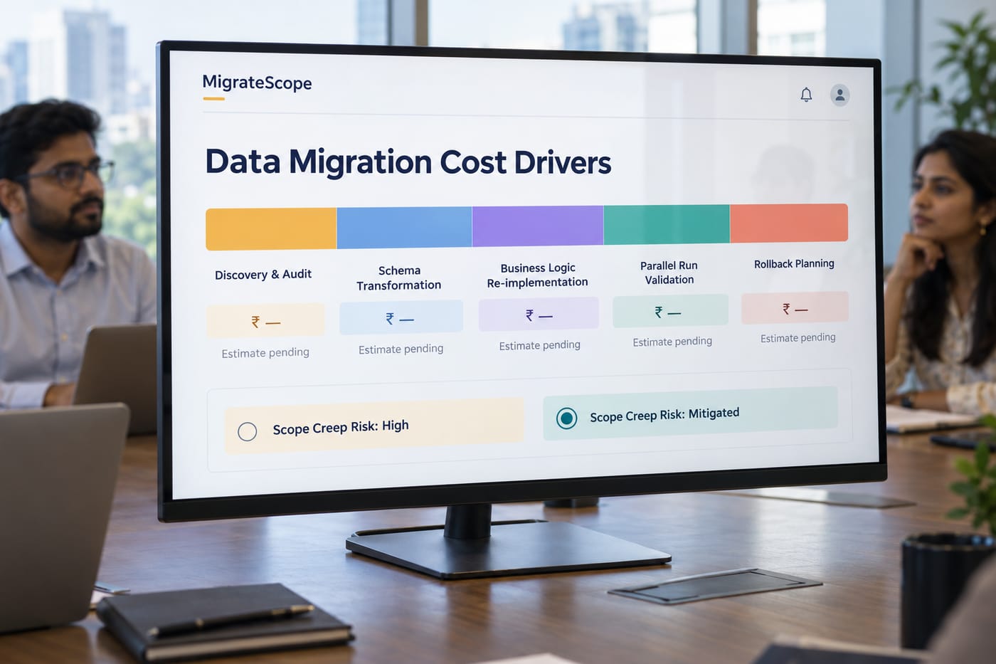 Dashboard on office monitor showing a stacked bar chart of data migration cost drivers broken down by phase in rupees