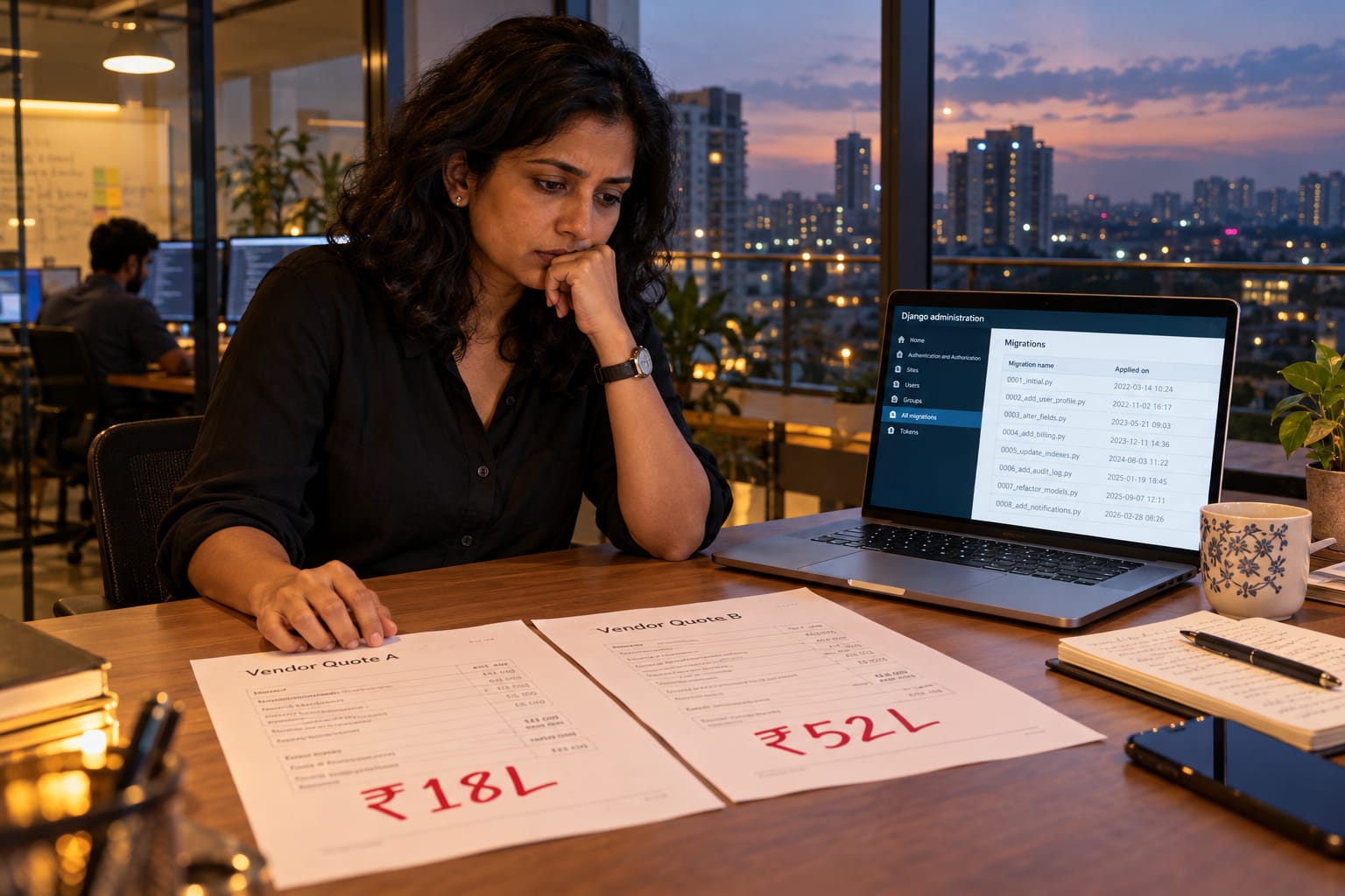 Bengaluru founder comparing two vendor quotes of ₹18L and ₹52L on a desk beside a laptop showing Django migration logs