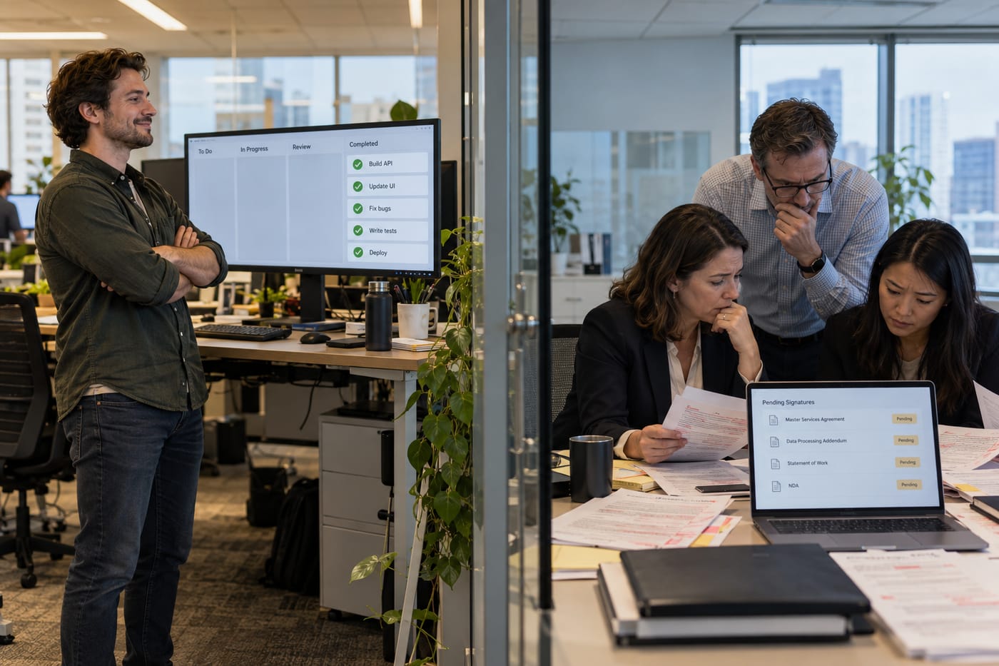 Developer with finished sprint board separated by glass from procurement team still reviewing contract redlines
