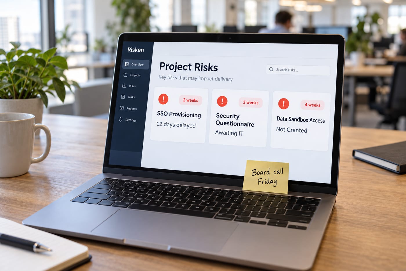 Laptop dashboard showing three blocked MVP milestone cards — SSO, security review, and data access — all flagged as delayed
