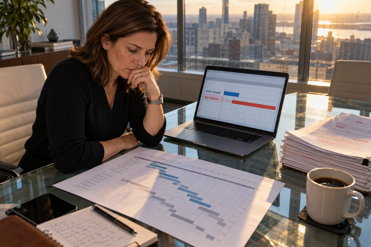 COO reviewing a project Gantt chart and vendor timeline on a laptop in a US corporate conference room