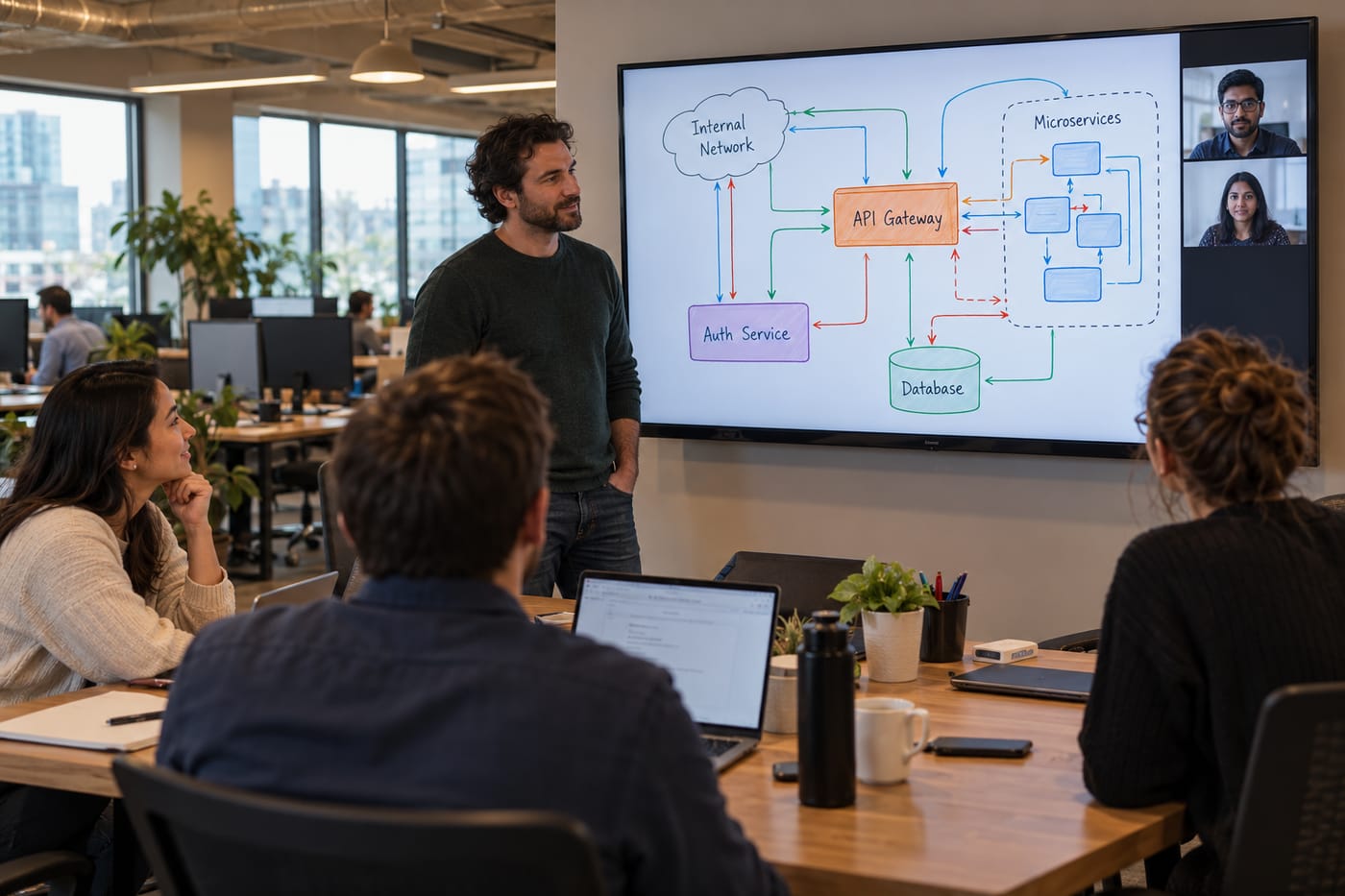 An architect presents internal system architecture on a shared Miro board during a discovery sprint with a remote vendor team.