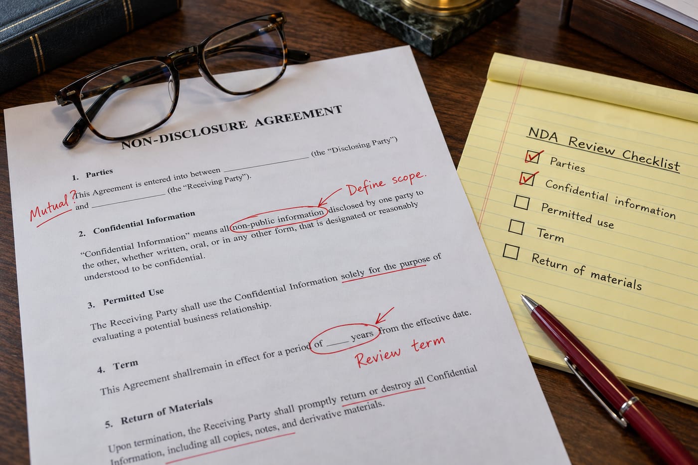 A printed NDA annotated in red pen beside a five-item checklist, with several critical items left unchecked.