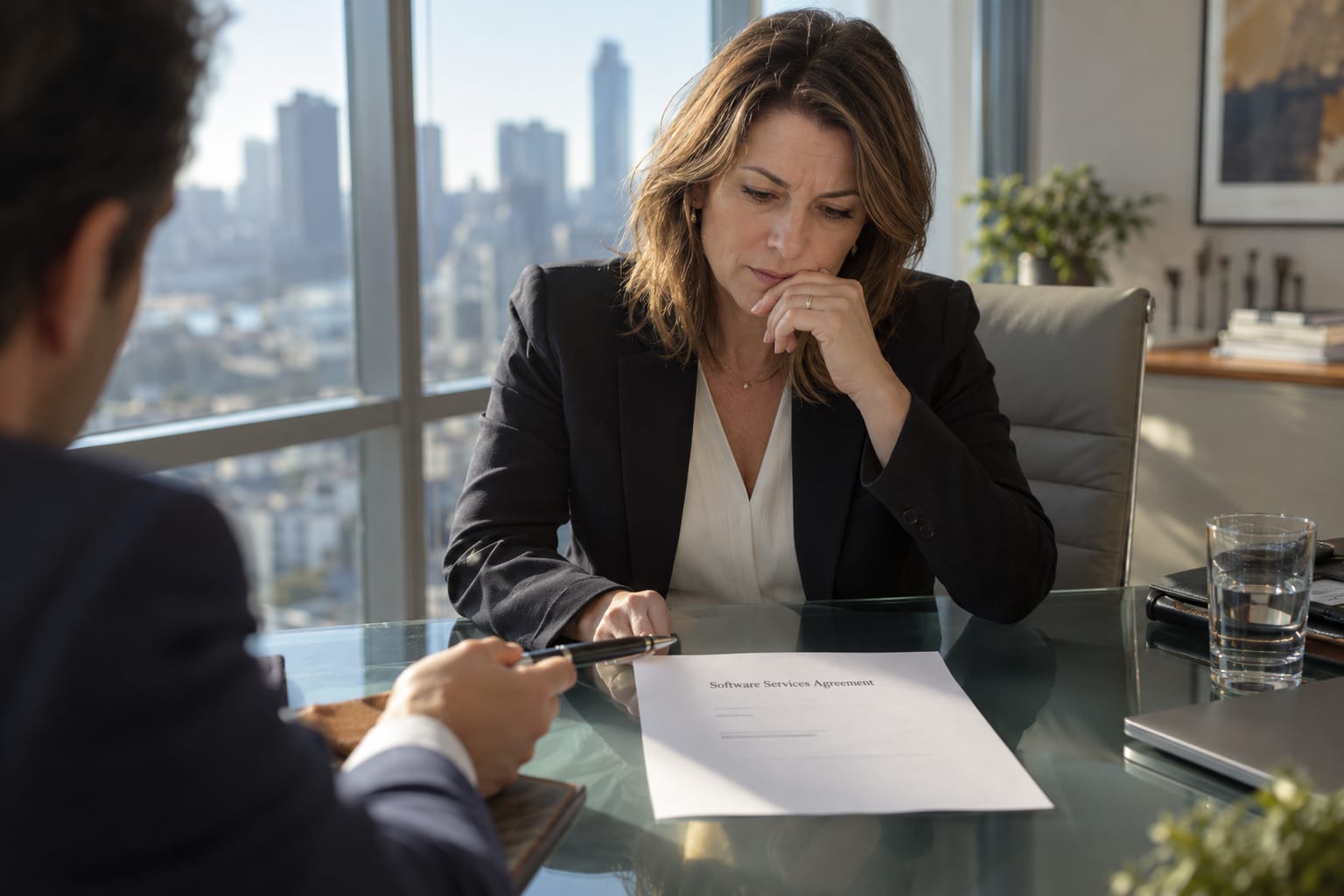 A VP of Engineering reviews a thin one-page NDA handed across a conference table by a vendor representative.
