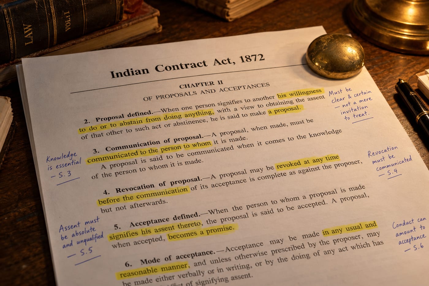 Printed Indian Contract Act document with highlighted clauses and handwritten legal margin notes on a wooden desk