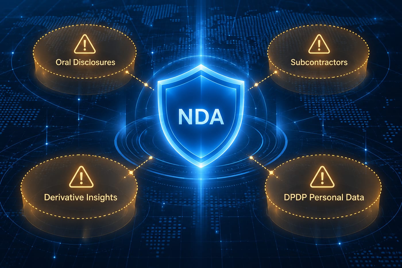 Synthetic diagram showing an NDA shield with four uncovered risk zones: oral disclosures, subcontractors, derivative insights, and personal data