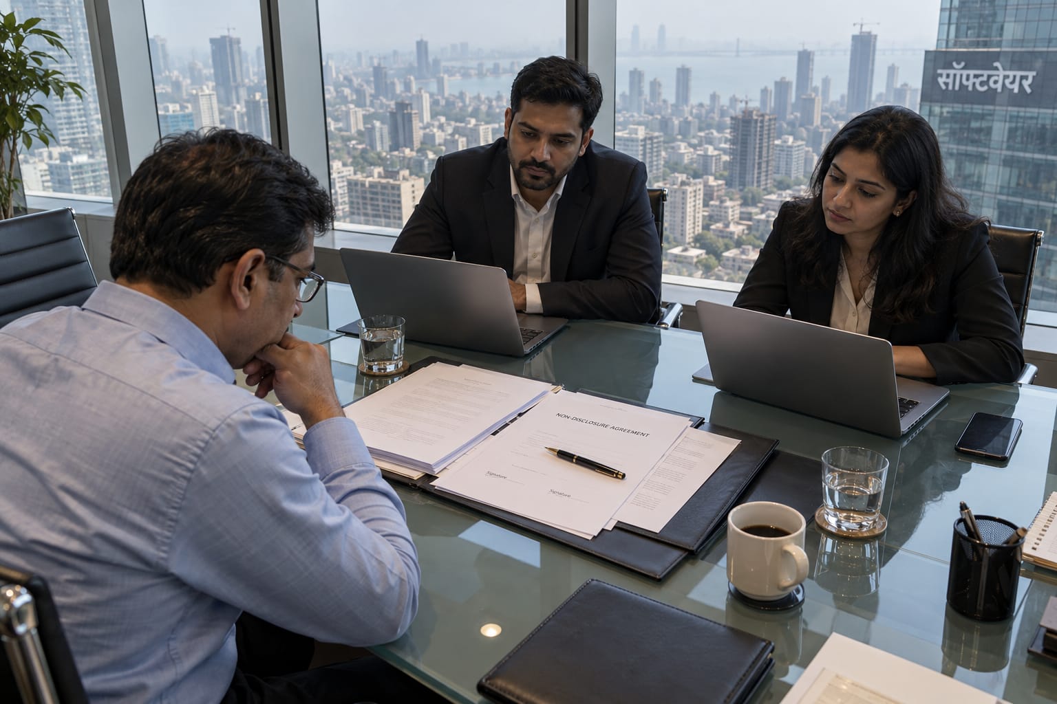 Indian CIO reviewing an NDA with two vendor representatives at a glass conference table in a Mumbai high-rise office