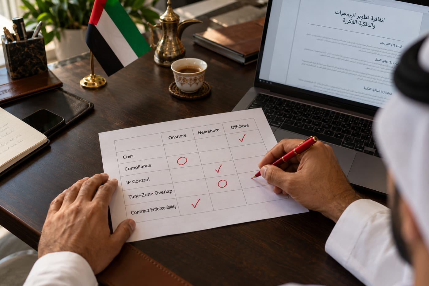 UAE executive scoring a five-axis decision matrix comparing onshore, nearshore, and offshore software vendors.
