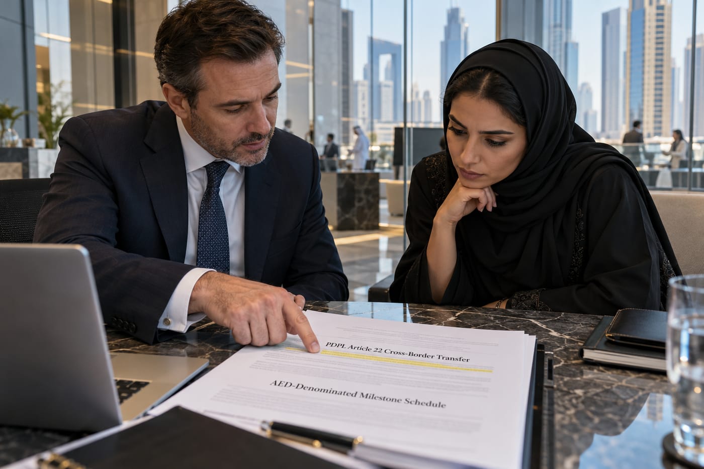 Legal counsel and director reviewing a UAE PDPL-compliant offshore software contract clause in a Dubai office.
