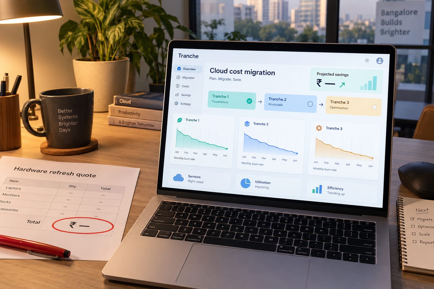 Cloud cost dashboard on a laptop showing phased migration savings in rupees next to a circled hardware refresh quote