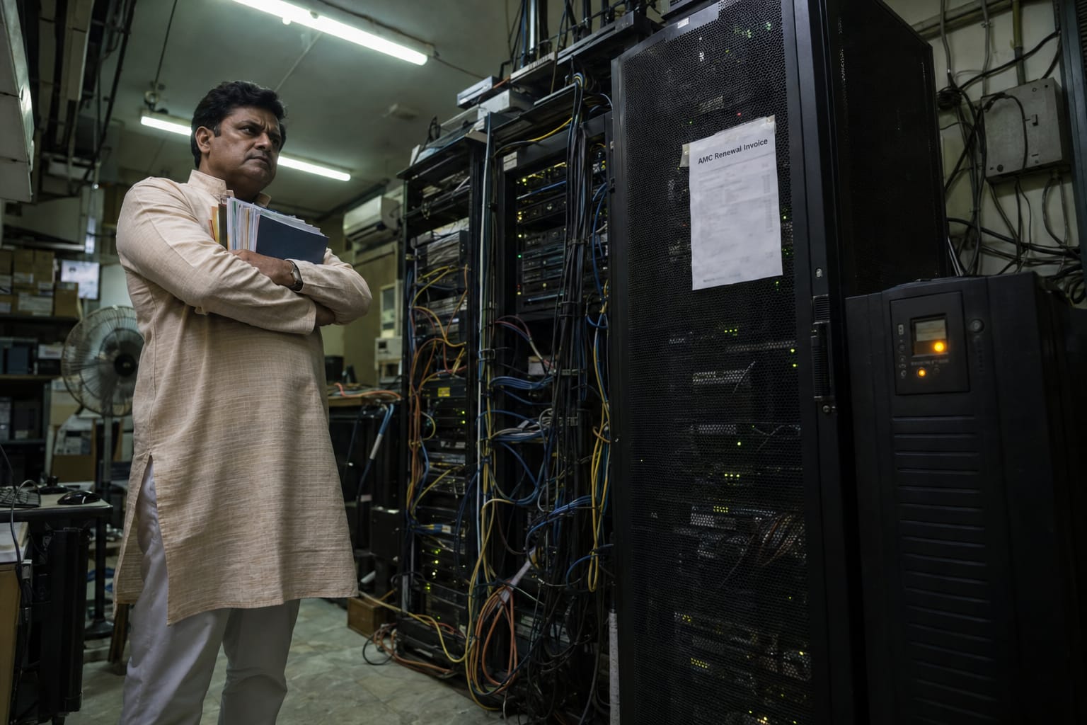 Indian COO standing in a cluttered server room holding hardware refresh quotes, amber warning light visible on aging rack