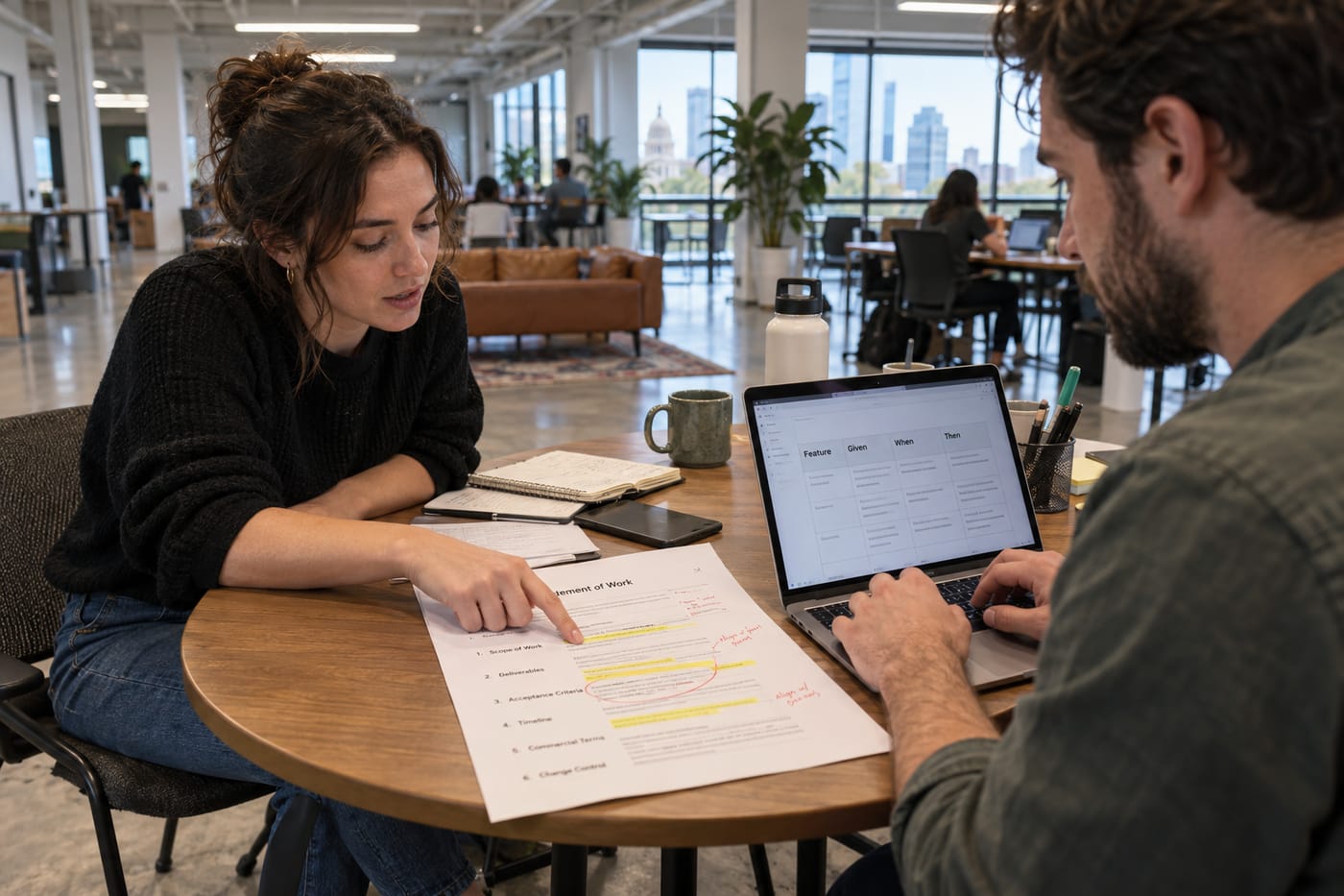Two people annotating a printed SOW at a shared office table while drafting acceptance criteria in a Notion table on a laptop.