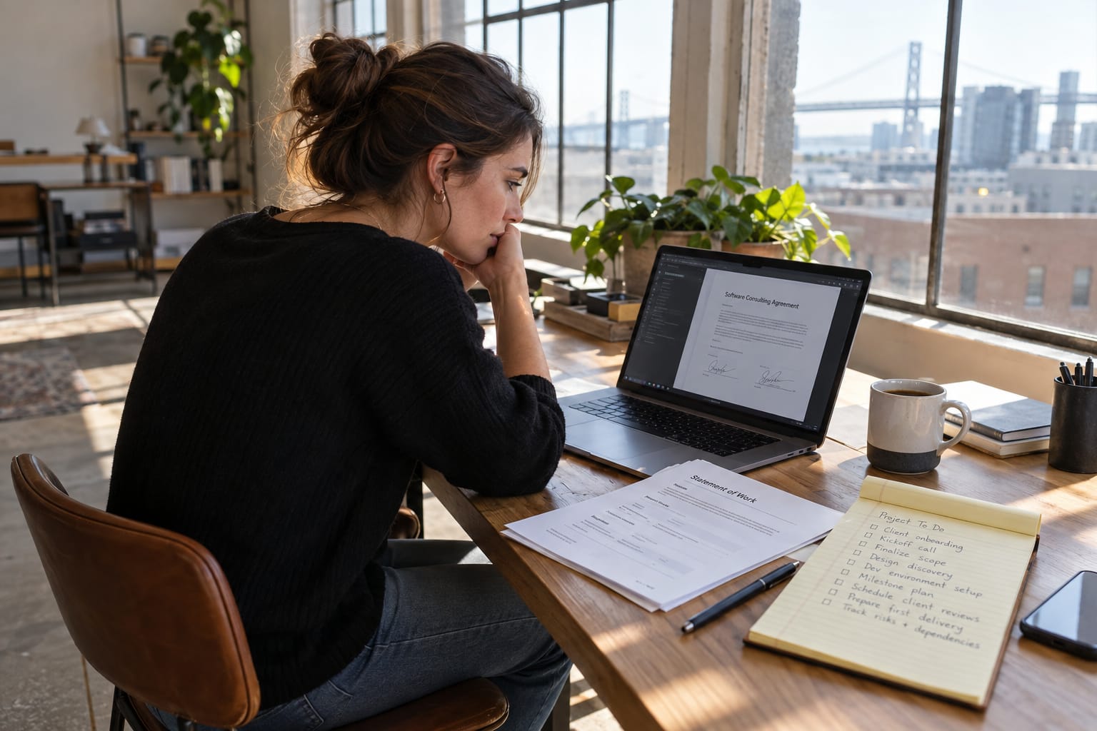 Founder reviewing a signed dev studio contract at her standing desk with a printed SOW and handwritten notes beside her laptop.