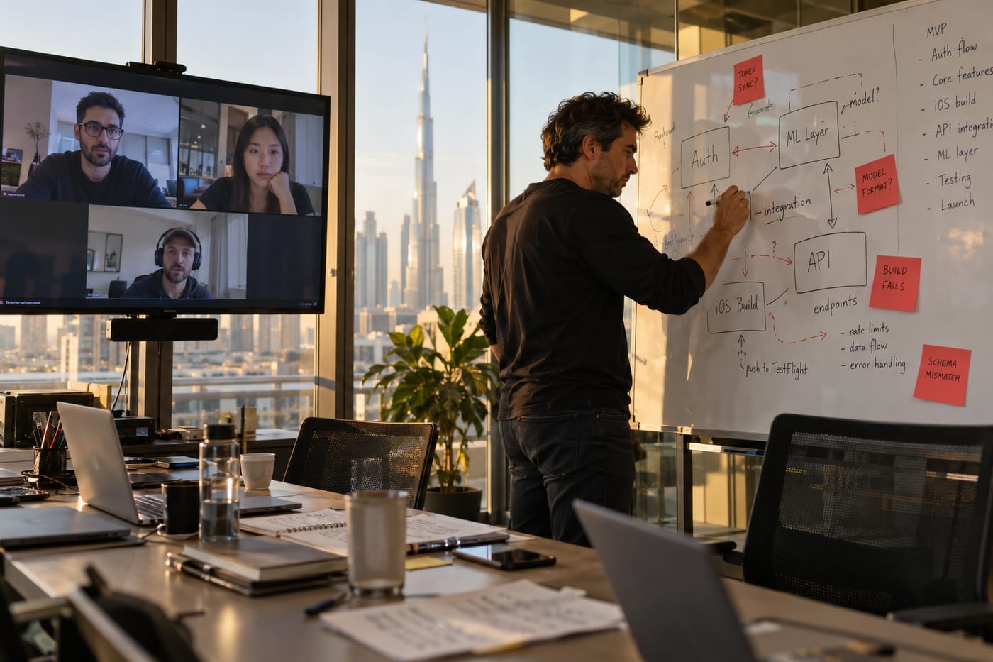 Founder coordinating three specialist vendors on a whiteboard in Dubai, revealing the hidden integration overhead of a multi-vendor model.