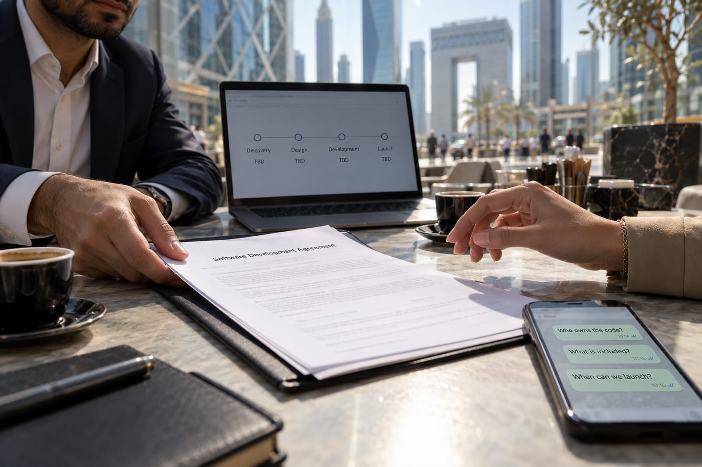 Founder pausing before signing a vendor contract with a vague timeline on the laptop screen, in a DIFC café.